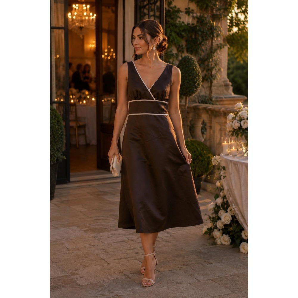 Alfred Sung Duchess Satin Espresso Ivory V-neck‎ Size 10 Bridesmaid Dress